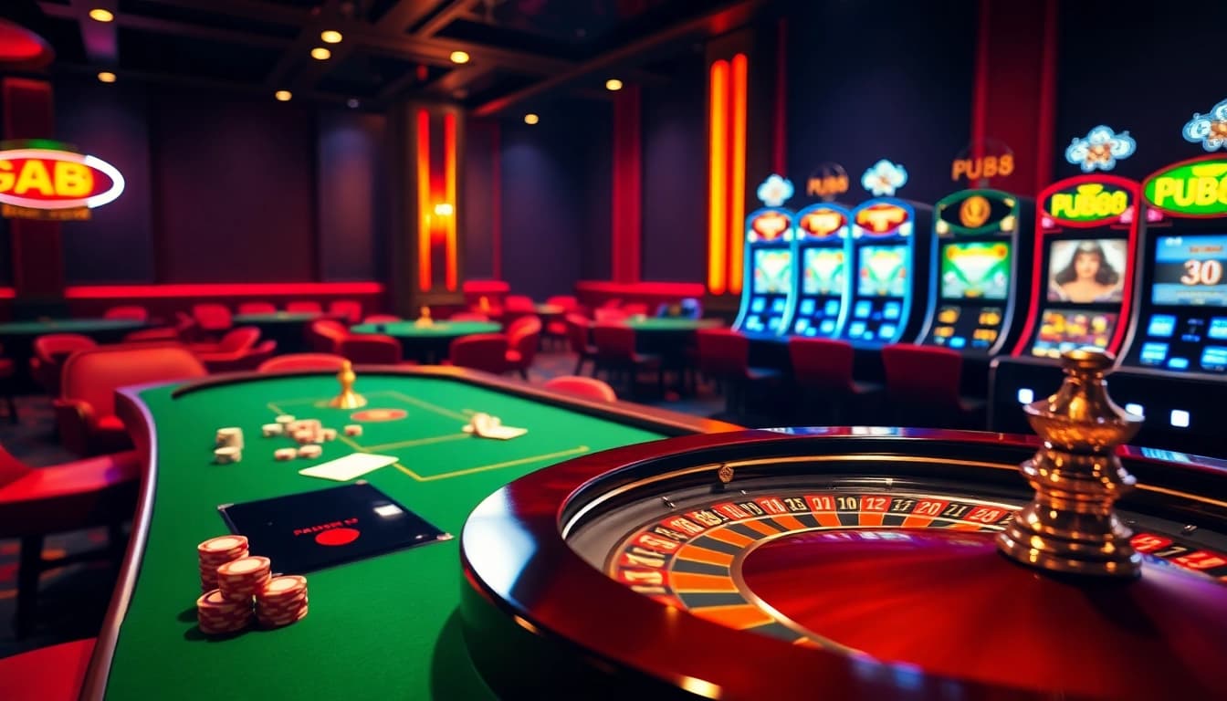 PUB88 casino scene with gaming tables, poker chips, and roulette wheel highlighting excitement.