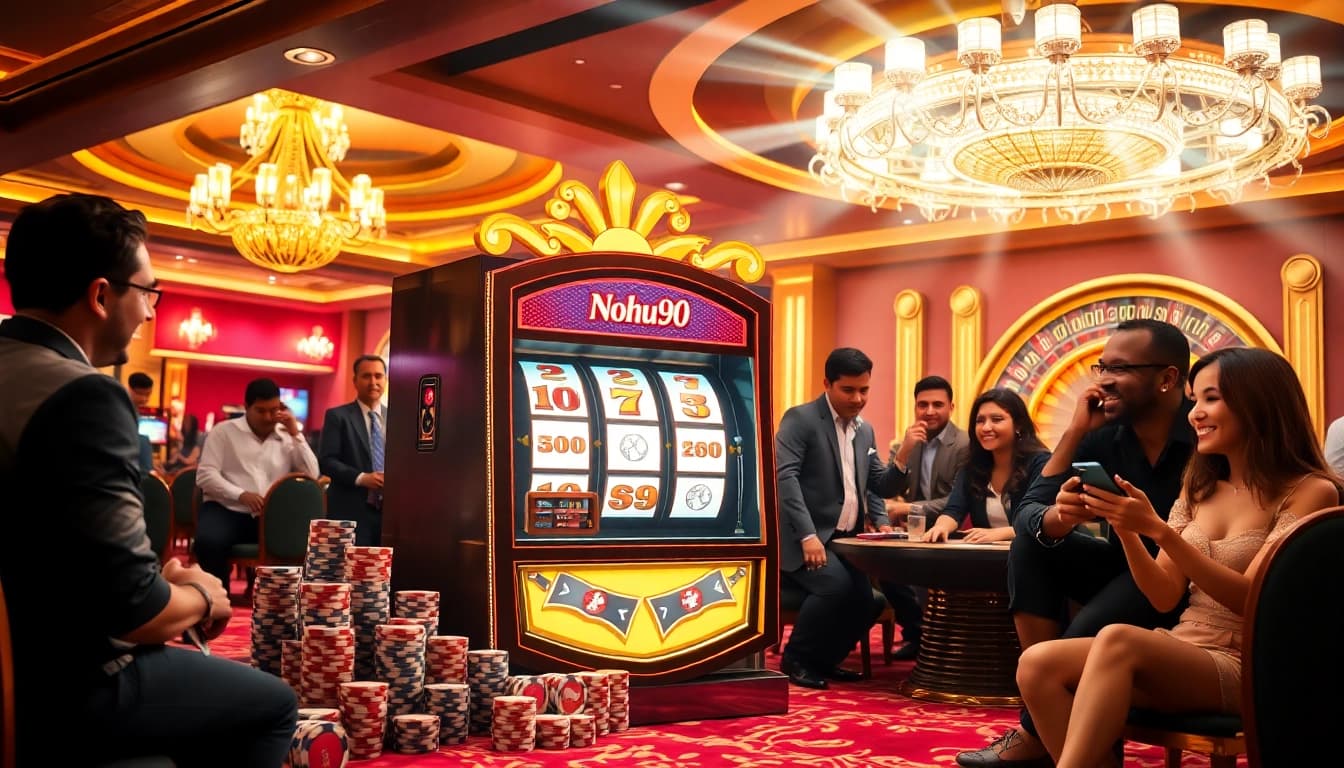 Nohu90 slot machine in an upscale casino setting with poker chips and roulette wheel.