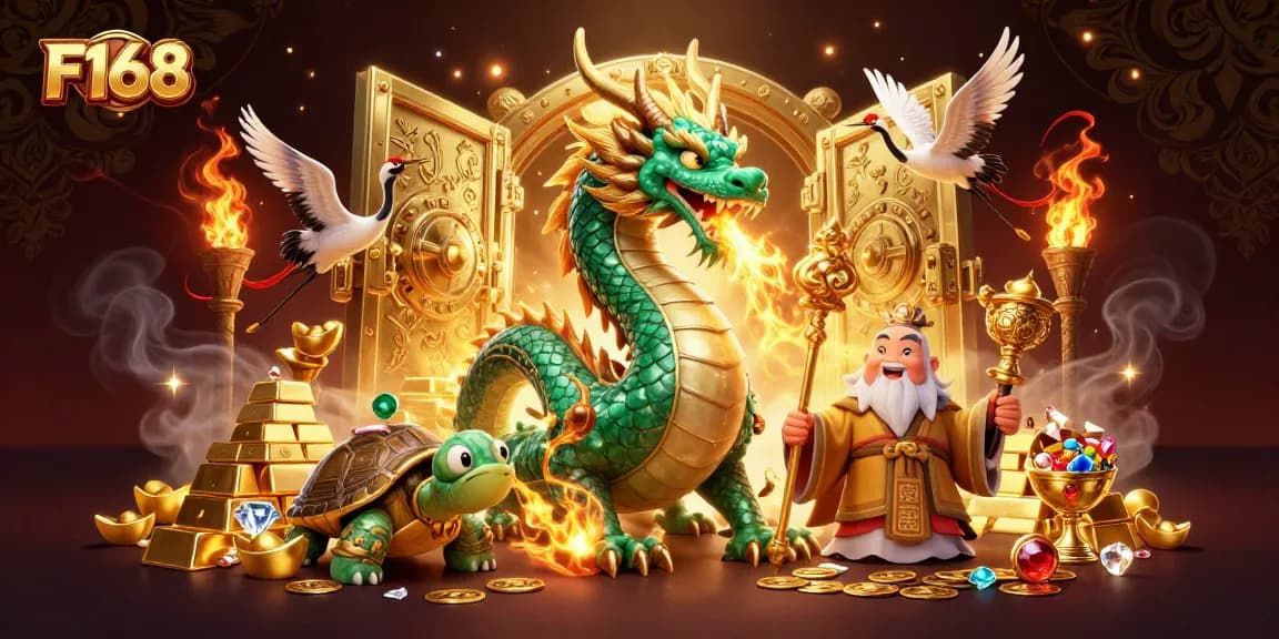 F168 captivates players with a vibrant scene featuring a jade dragon, a turtle sage, and lucky cranes amidst bursting treasure