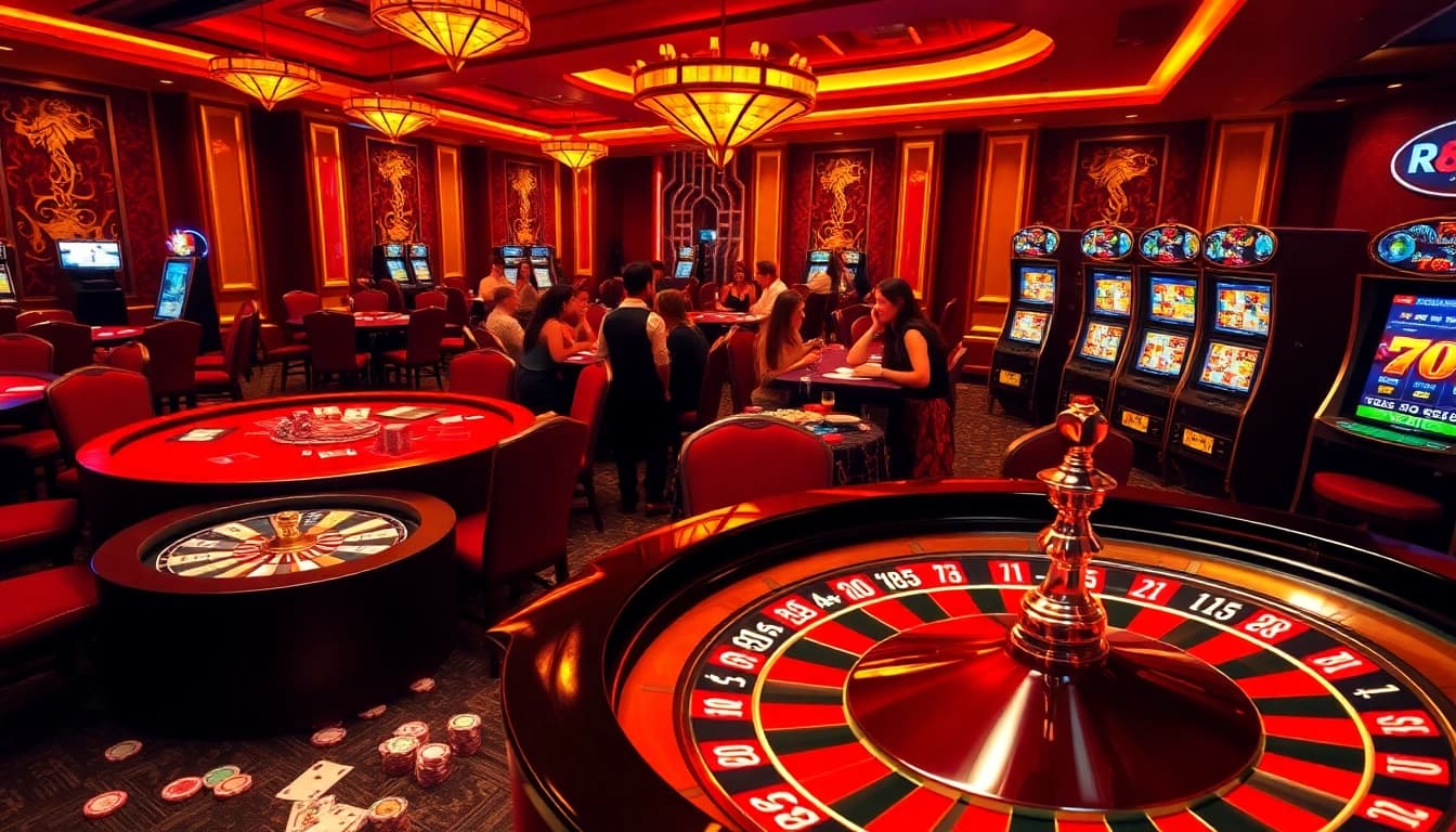 Experience excitement at RR88 with luxurious casino tables, vibrant slot machines, and engaging gameplay.
