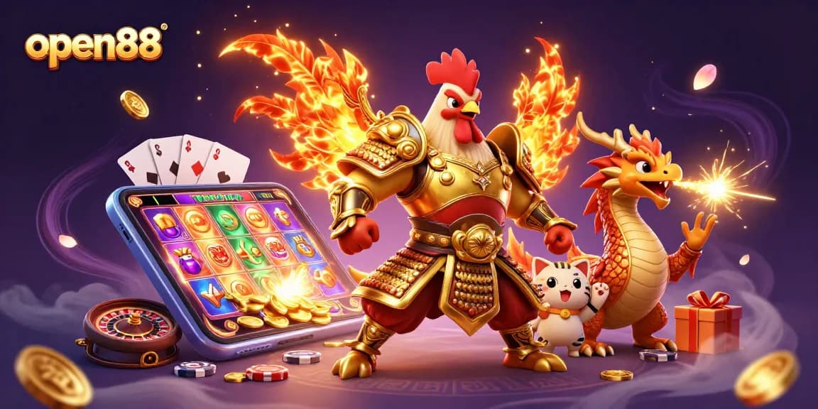 Join the excitement at open88 while gaming with a fierce warrior, dragon, and coins flying around!