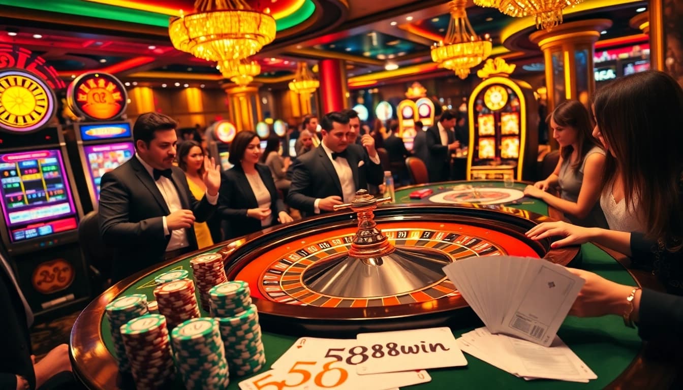 Excited players placing bets at a luxurious 58win-themed roulette table in a vibrant casino.