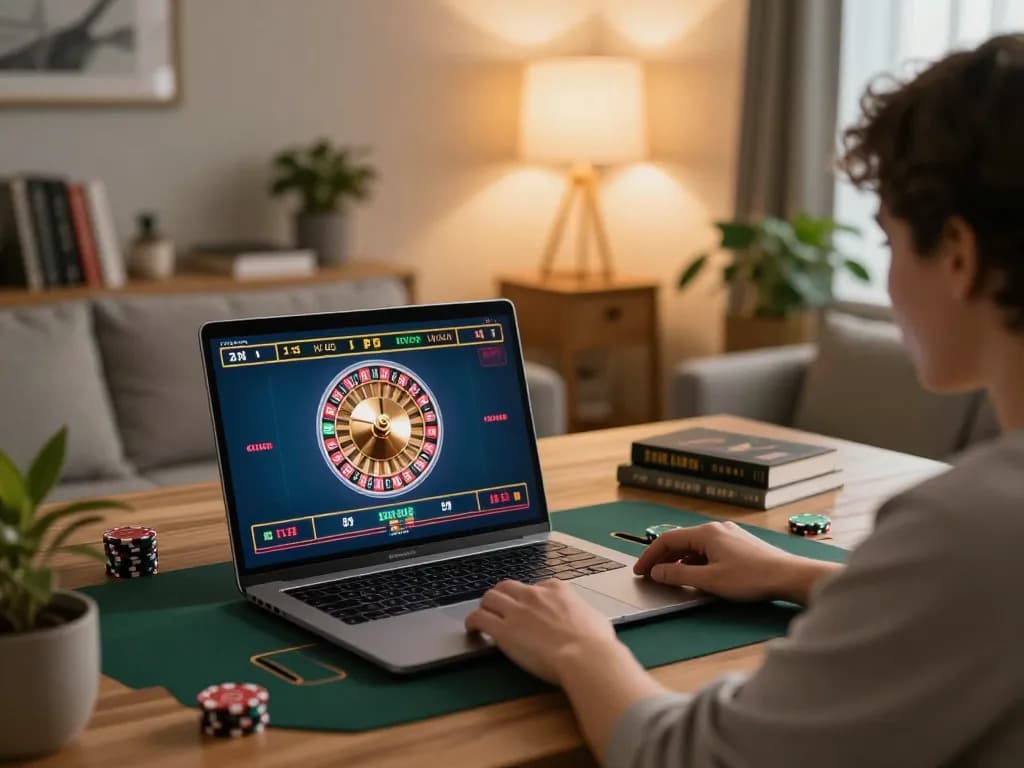 Player using laptop on 32win for live roulette gaming in a cozy home setting