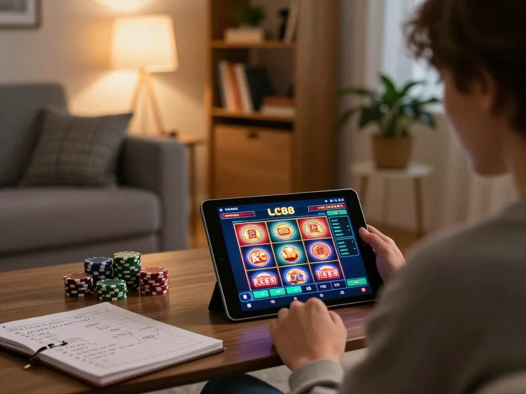 Player engaging with the LC88 online casino app on tablet, showcasing vibrant gameplay
