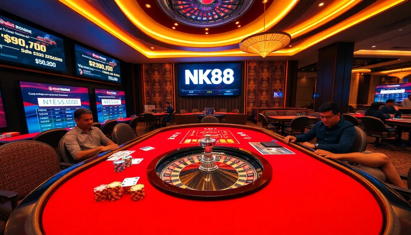 Engaging players in an intense game at NK88 casino with vibrant poker chips and roulette wheel.