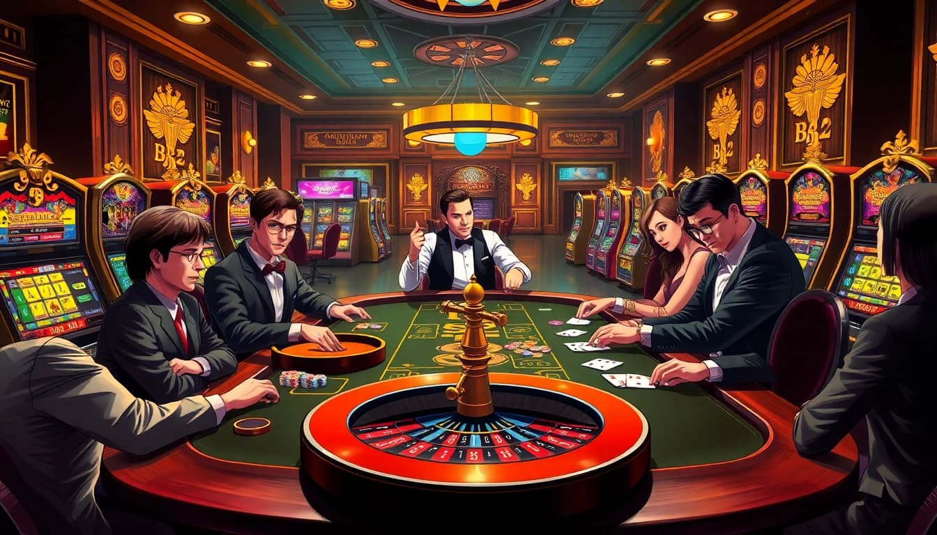 B52 players enjoy a thrilling casino experience at a high-stakes gambling table.