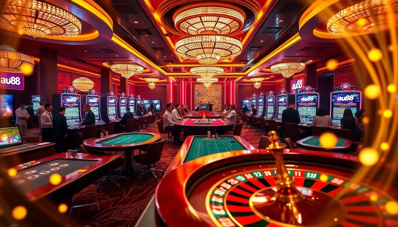 Players enjoying thrilling games at the luxurious AU88 online casino, filled with excitement and vibrant colors.