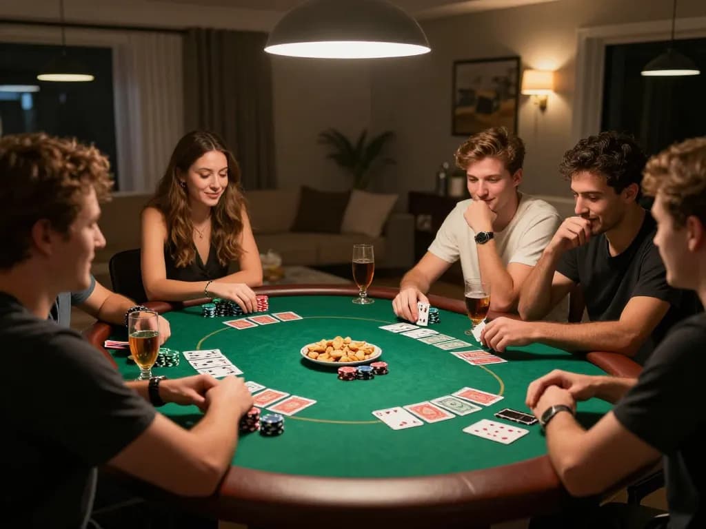 Friends enjoying private poker night while using https://www.mnm88.com/ for online betting strategies and tracking.