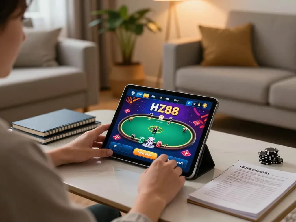 Player engages with HZ88 online casino on tablet, showcasing vibrant gaming interface and comfortable home setup.