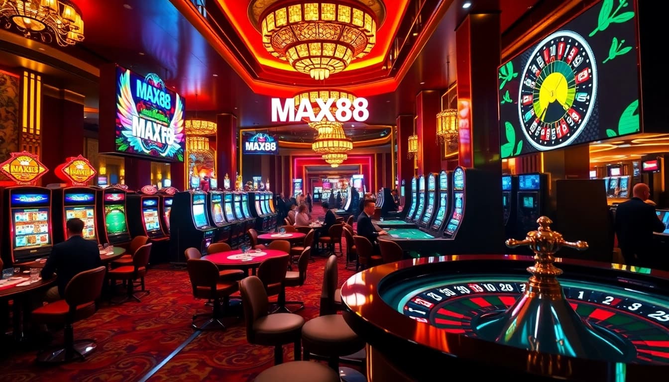 Players enjoying various games at MAX88 casino, with glowing slot machines and tables.