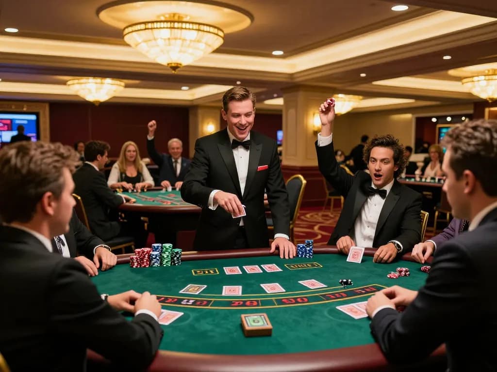 Watch luck8 players strategizing during a blackjack game at an upscale casino.