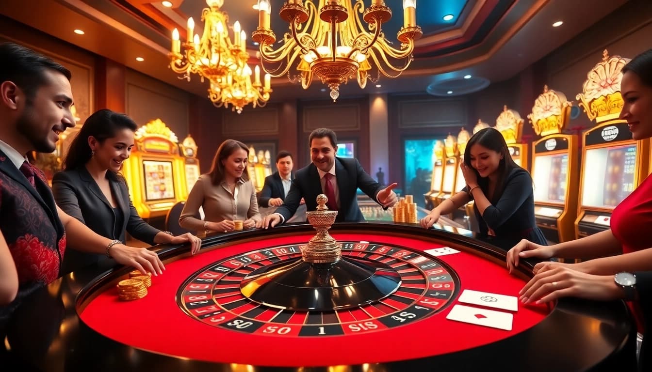A vibrant casino scene at https://mk8.sh/ featuring an elegant roulette table with excited players.