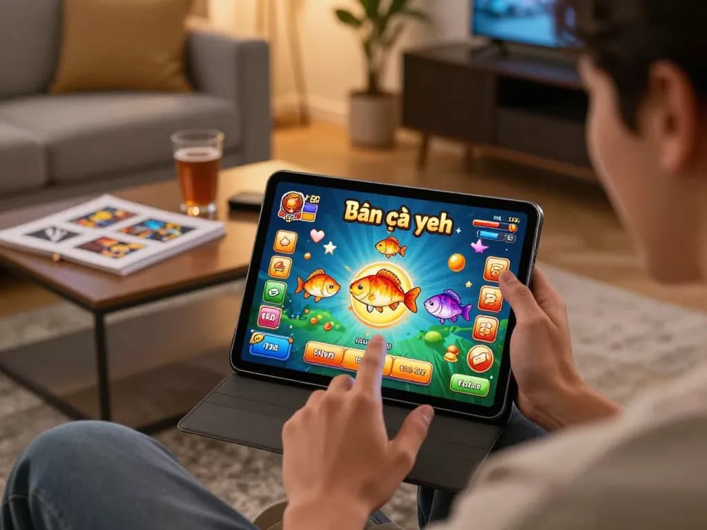 Bắn cá đổi thưởng gameplay explosion on tablet screen, capturing vivid graphics and player excitement in a cozy home setting.