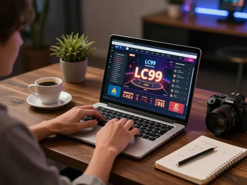 Player engaging with the LC99 online casino on a laptop, showcasing a personalized gaming environment with strategic elements.
