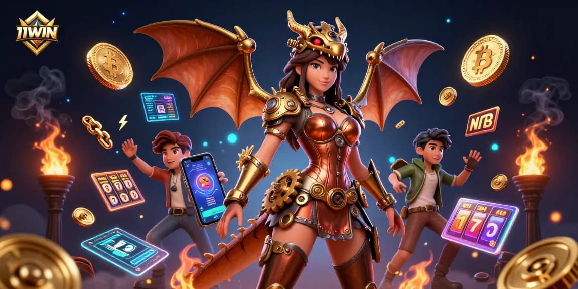 Spin to win with 11WIN as a stunning 3D dragon and steampunk woman illuminate the casino action.