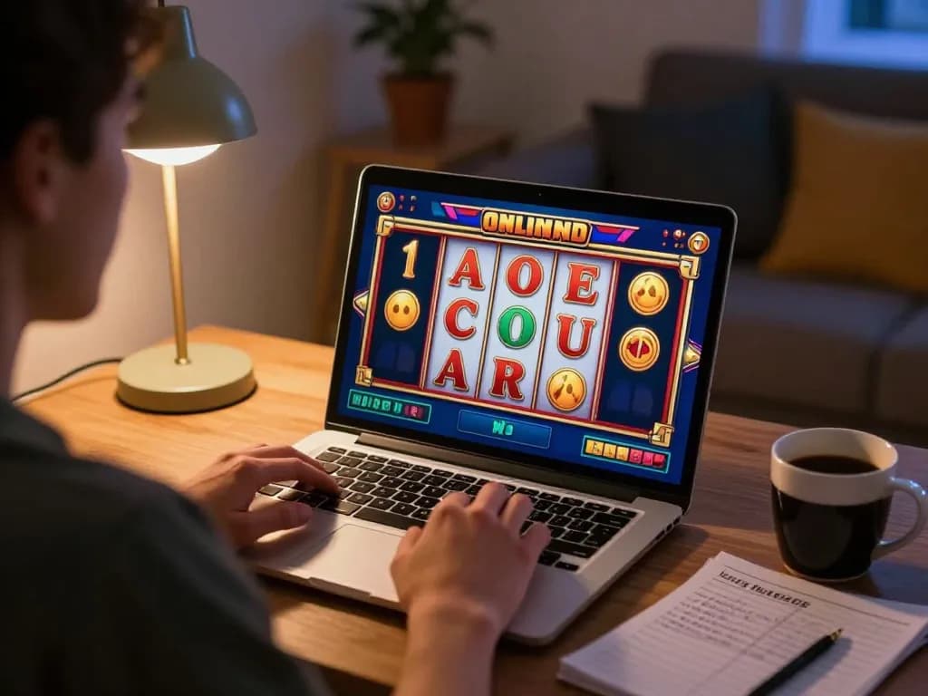 Permainan slot online yang menarik menunjukkan link gacor dengan animasi yang cerah di layar laptop.