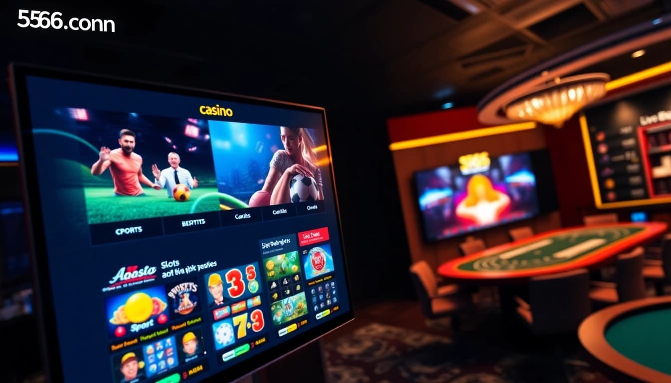 Experience the thrill of online gaming at 566.con, showcasing vibrant visuals of sports betting and live dealer games.