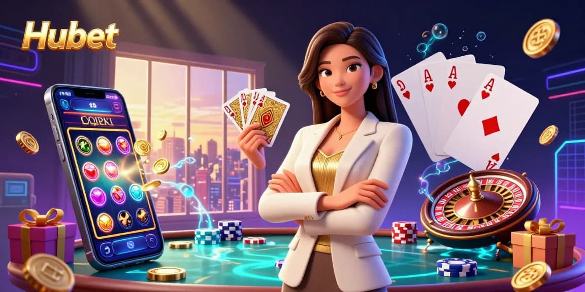 Engage with Hubet's vibrant casino experience featuring a powerful business-woman and dynamic gaming elements.