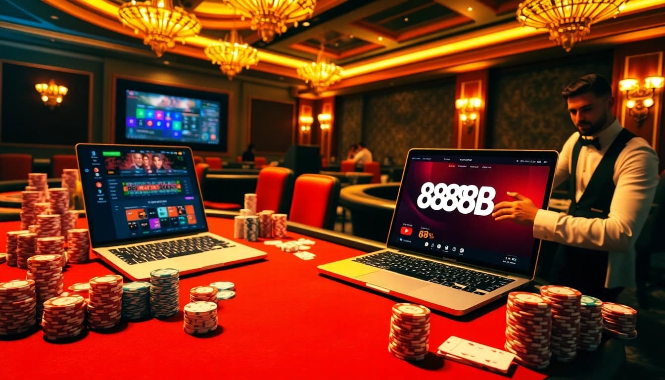 Gamble confidently with 888b at a luxurious casino table featuring cards, chips, and a roulette wheel.