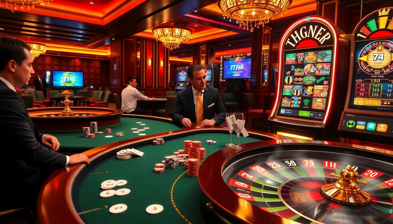 Experience high-stakes gaming at 77ball cc casino with a luxurious poker table and roulette wheel.