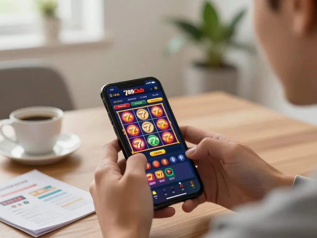 Player engages with 789Club mobile app, showcasing online slot game excitement in a cozy setting.