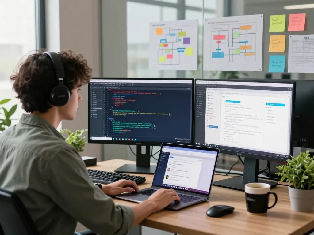 Moltbot enhancing productivity in a collaborative tech workspace with developers and code on dual monitors.