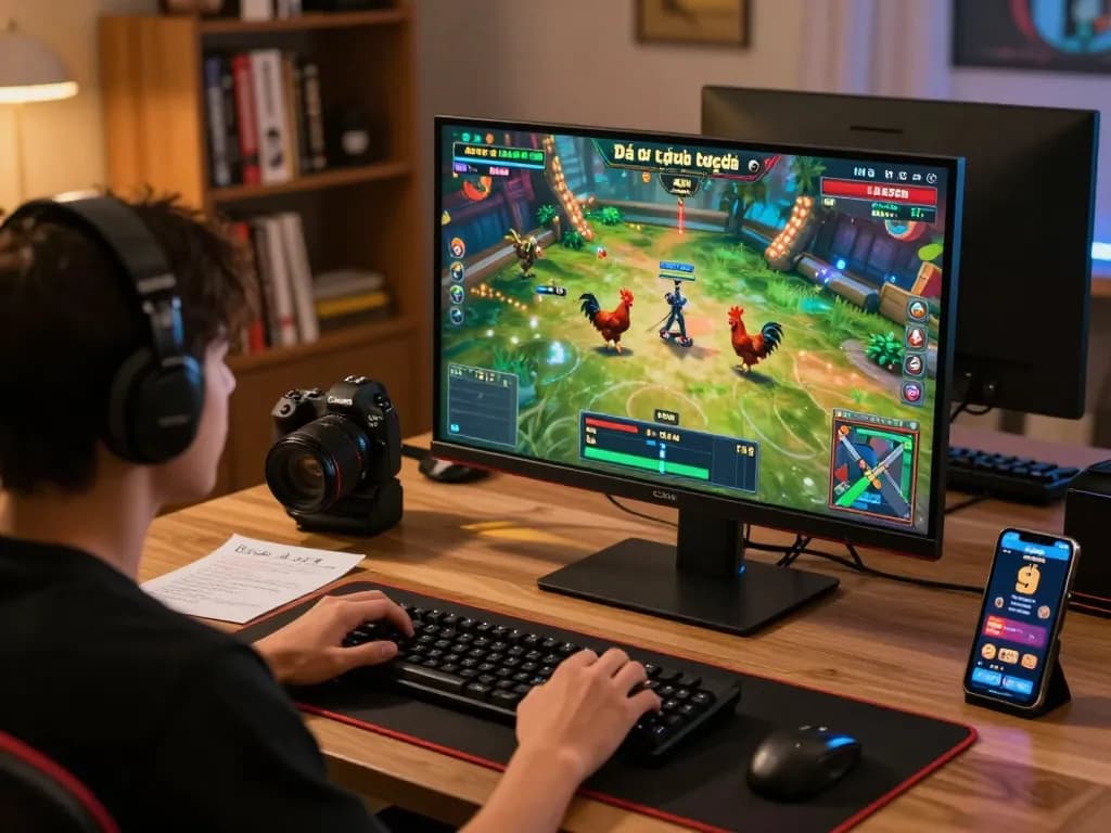 Engaging scene of a user watching Đá gà trực tiếp on a monitor, surrounded by betting strategy notes and gaming accessories.