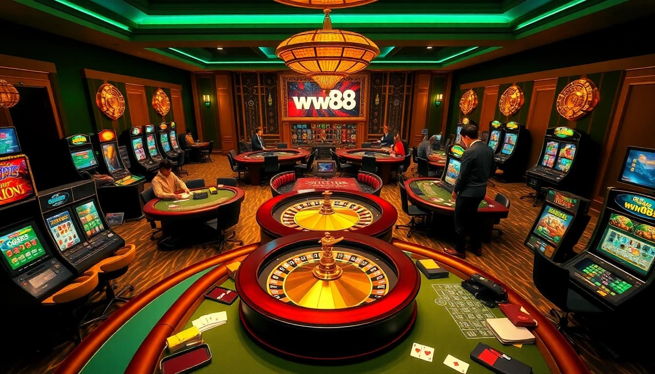 Experience the thrill of ww88 at a luxurious casino with active gaming tables and vibrant slot machines.