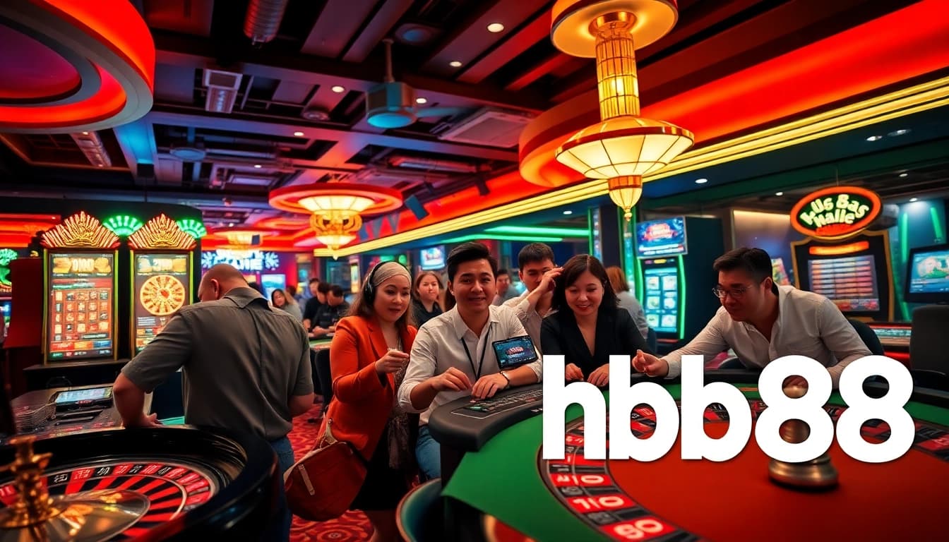 Exciting gaming scene at hb88 online casino with diverse players enjoying roulette and slots.