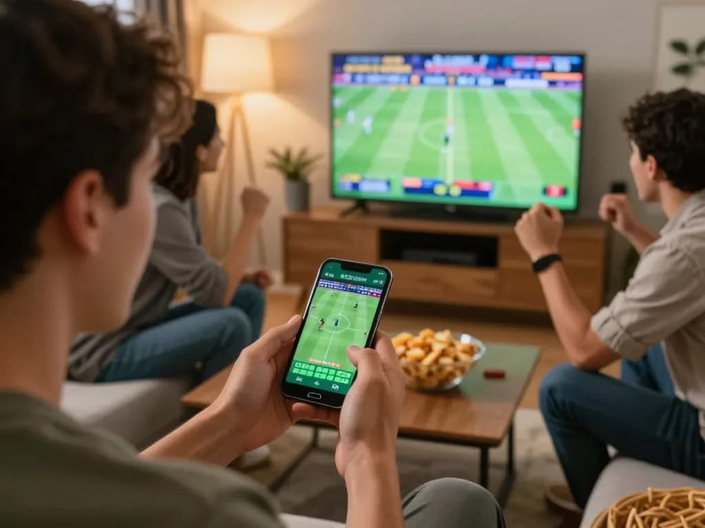 Engaging in sports betting through ok365 app on smartphone amidst friends excitedly watching a game.