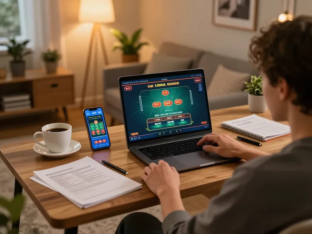 Player engaging with KUWIN online casino game on a laptop, showcasing strategic gameplay in a cozy setting.