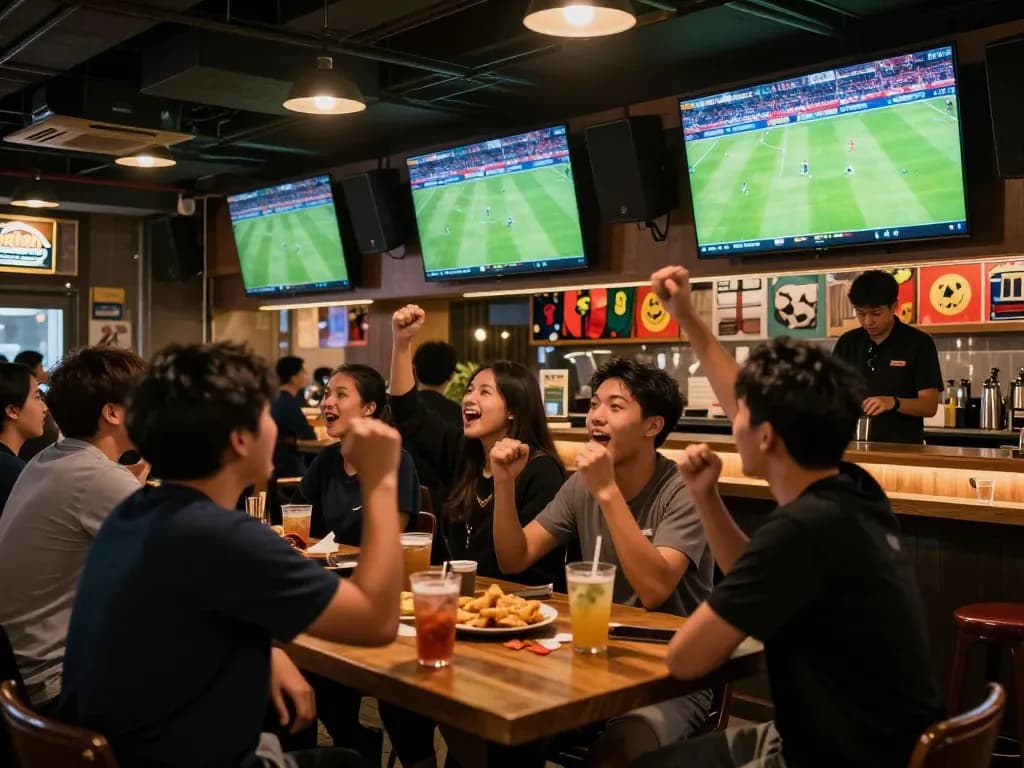 Fans enjoying an exciting football match while placing bets on บอล ออนไลน์, celebrating every goal.