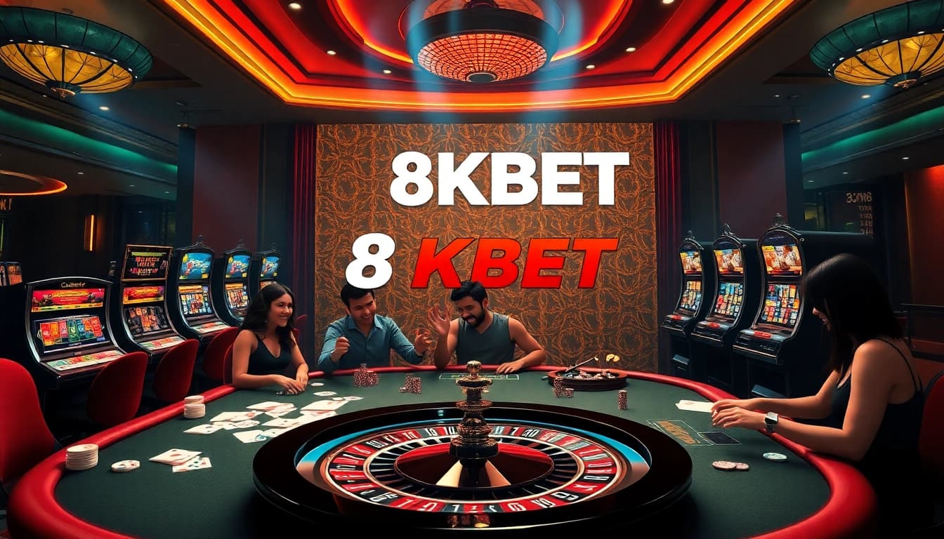 Gamblers enjoying a thrilling game at 8KBET casino with colorful slot machines and vibrant tables.