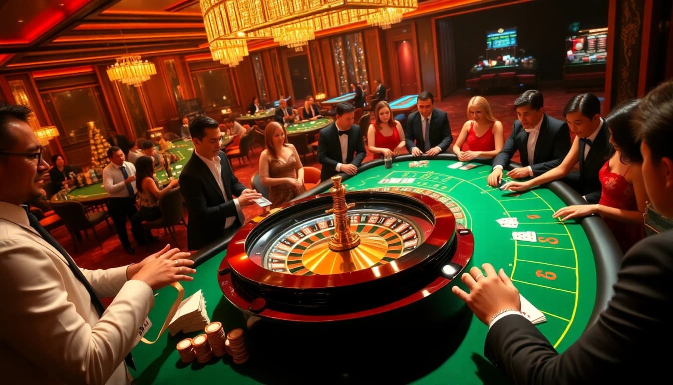 Players enjoy thrilling games at QQ88 casino, featuring vibrant tables and high-stakes action.