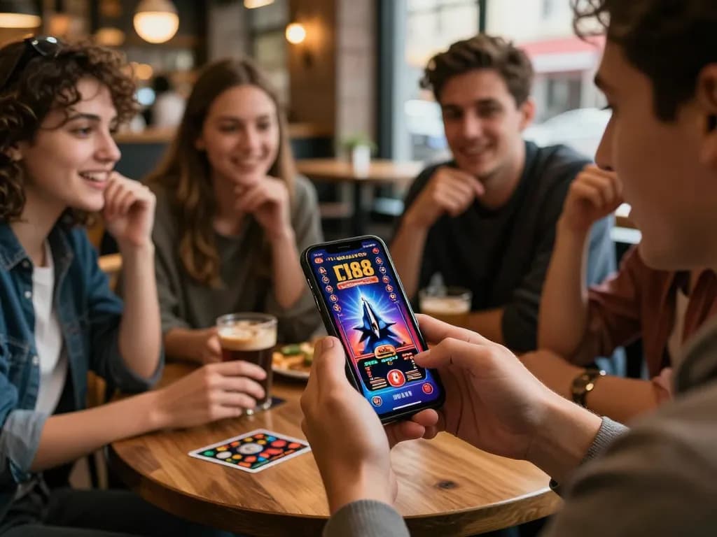 Engaging mobile casino experience using f168 app in a lively coffee shop setting.