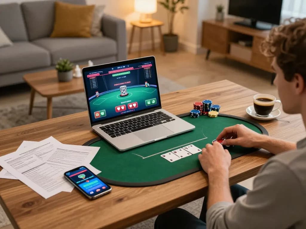 GG777 online poker game with player studying strategies at home