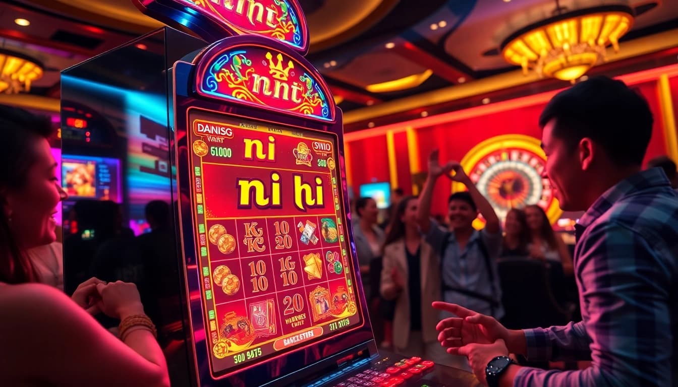 Players enjoying a thrilling moment at the nổ hũ slot machine in a luxurious casino.