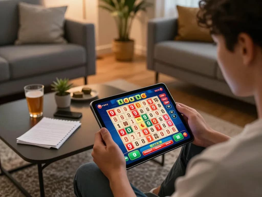 Engaging player checking lotto 4d 9 results on tablet in cozy home setting.