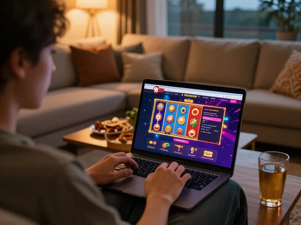 Player enjoying the 98win casino games on a laptop at home, promoting safe online gambling