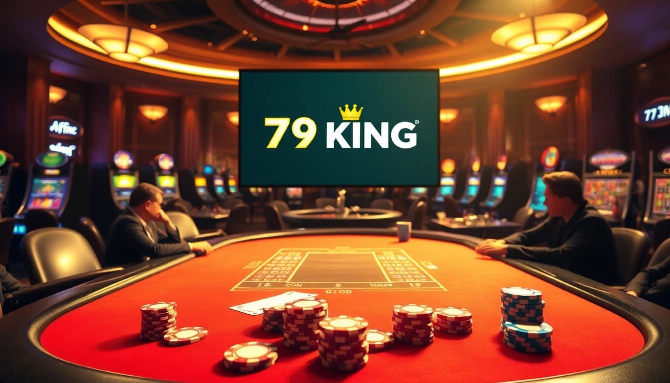 79KING casino players engaging at a poker table surrounded by vibrant gaming elements.