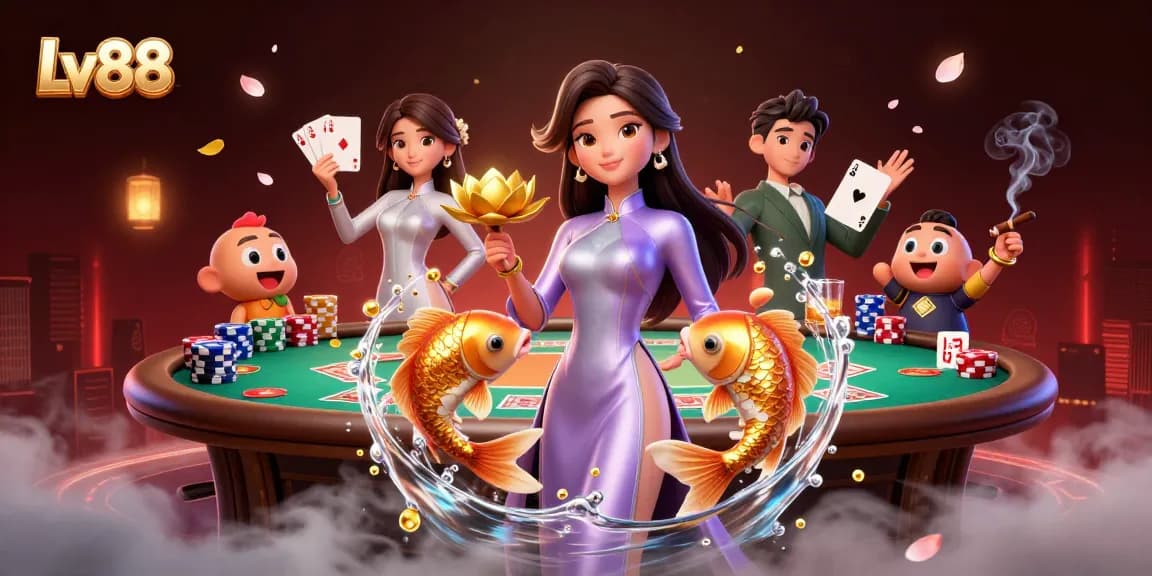 Experience the thrill of gambling with Lv88 in this dynamic casino scene featuring poker elements and vibrant characters.