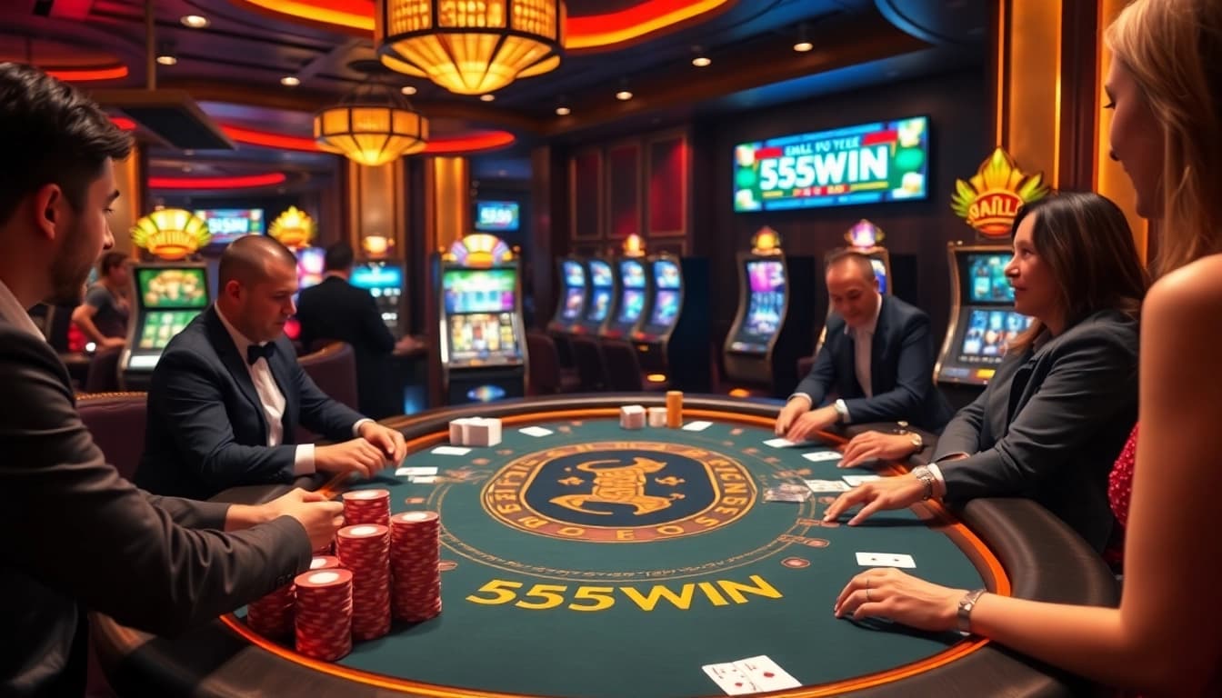 Experience the thrill of gambling at 555WIN with vibrant casino visuals and luxurious settings.