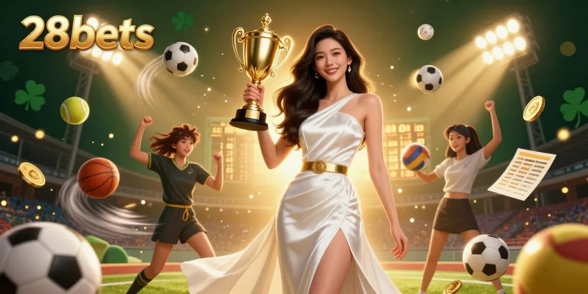 Join 28bets for an exhilarating experience in sports betting, featuring a victorious Asian woman with a trophy.