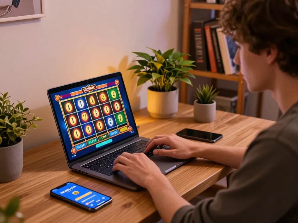 Engaging online gaming atmosphere with user at https://ok904.com/ playing slots on laptop and smartphone, cozy decor