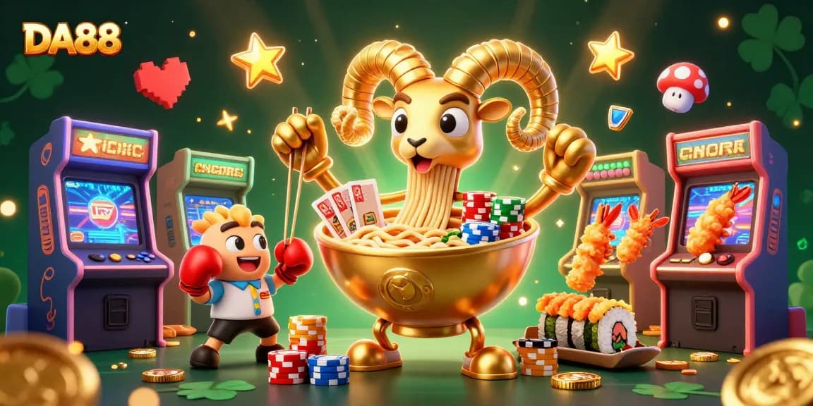 Engage with DA88's vibrant casino atmosphere featuring dynamic cartoon characters and game elements.