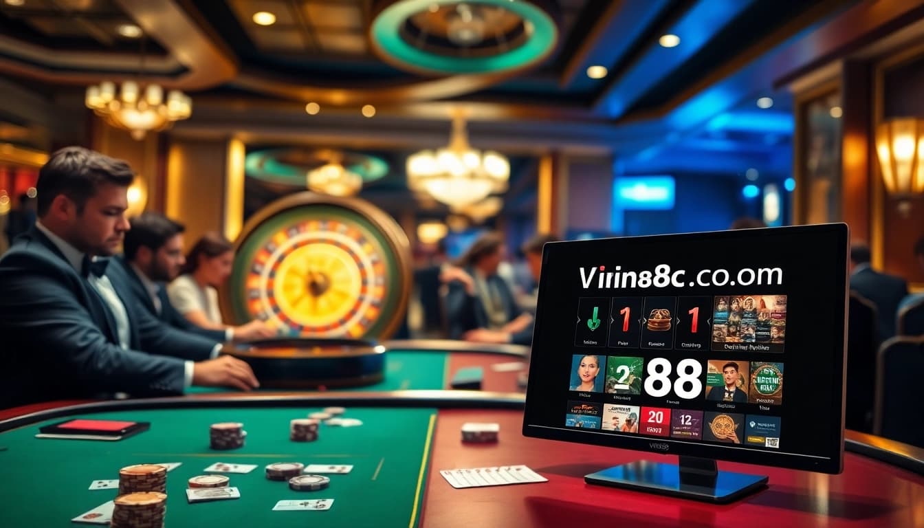 Experience thrilling gameplay at vin88ac.com with a vibrant casino scene featuring poker chips and roulette.