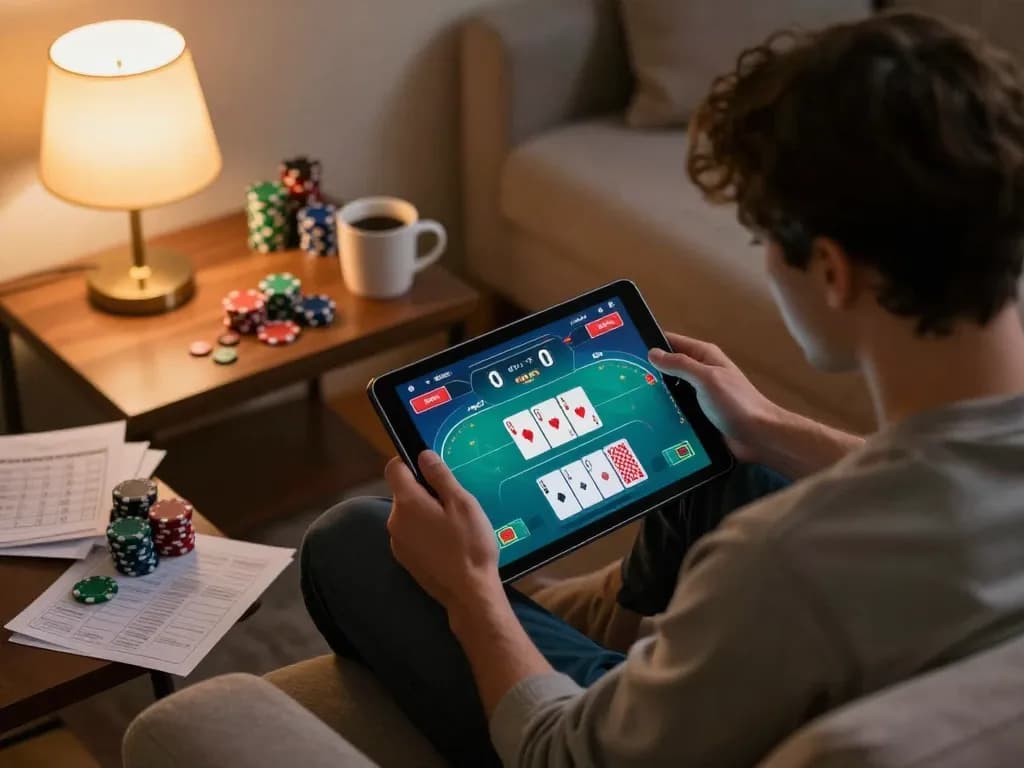 Engaging scene of rr88 poker game on tablet in a cozy home, showcasing strategic betting.