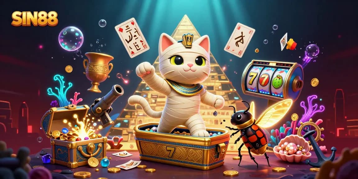 SIN88 offers exciting slot games with a lively Egyptian theme, highlighted by a mummy cat and golden treasures.