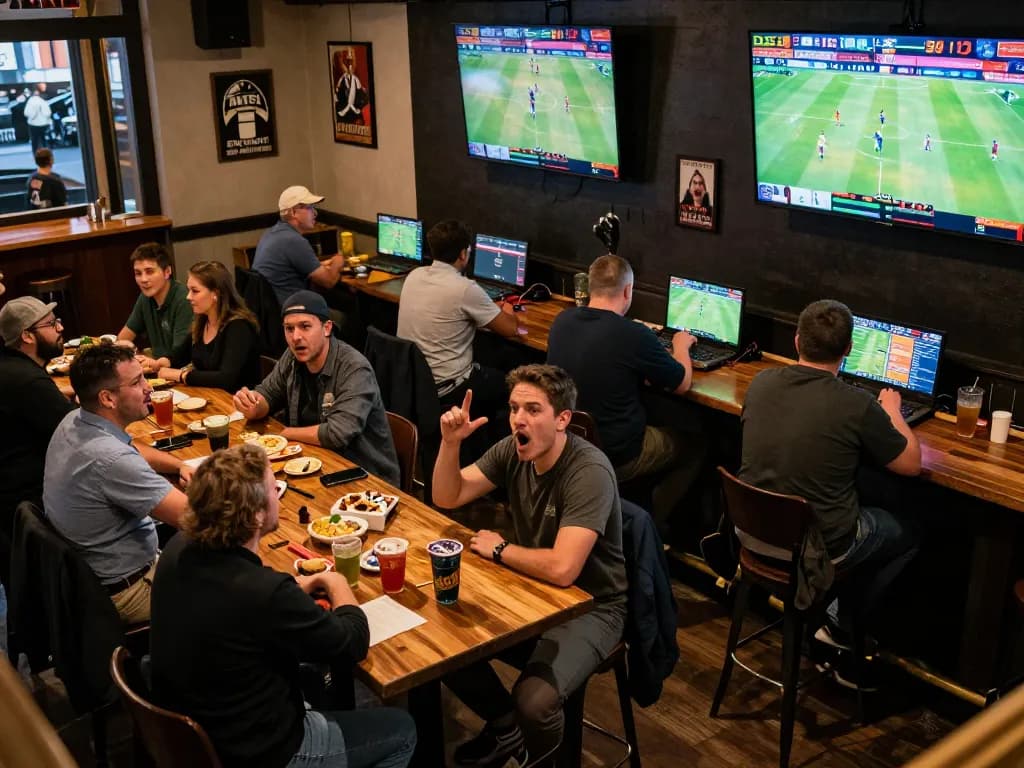 Betting excitement at 123B sports bar with lively crowd and multiple screens displaying events.