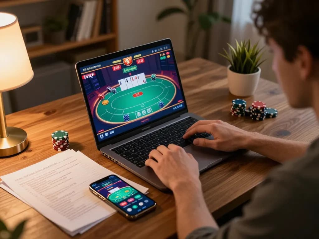 Player engaging in online casino gameplay at rr88, showcasing thrilling poker game on laptop